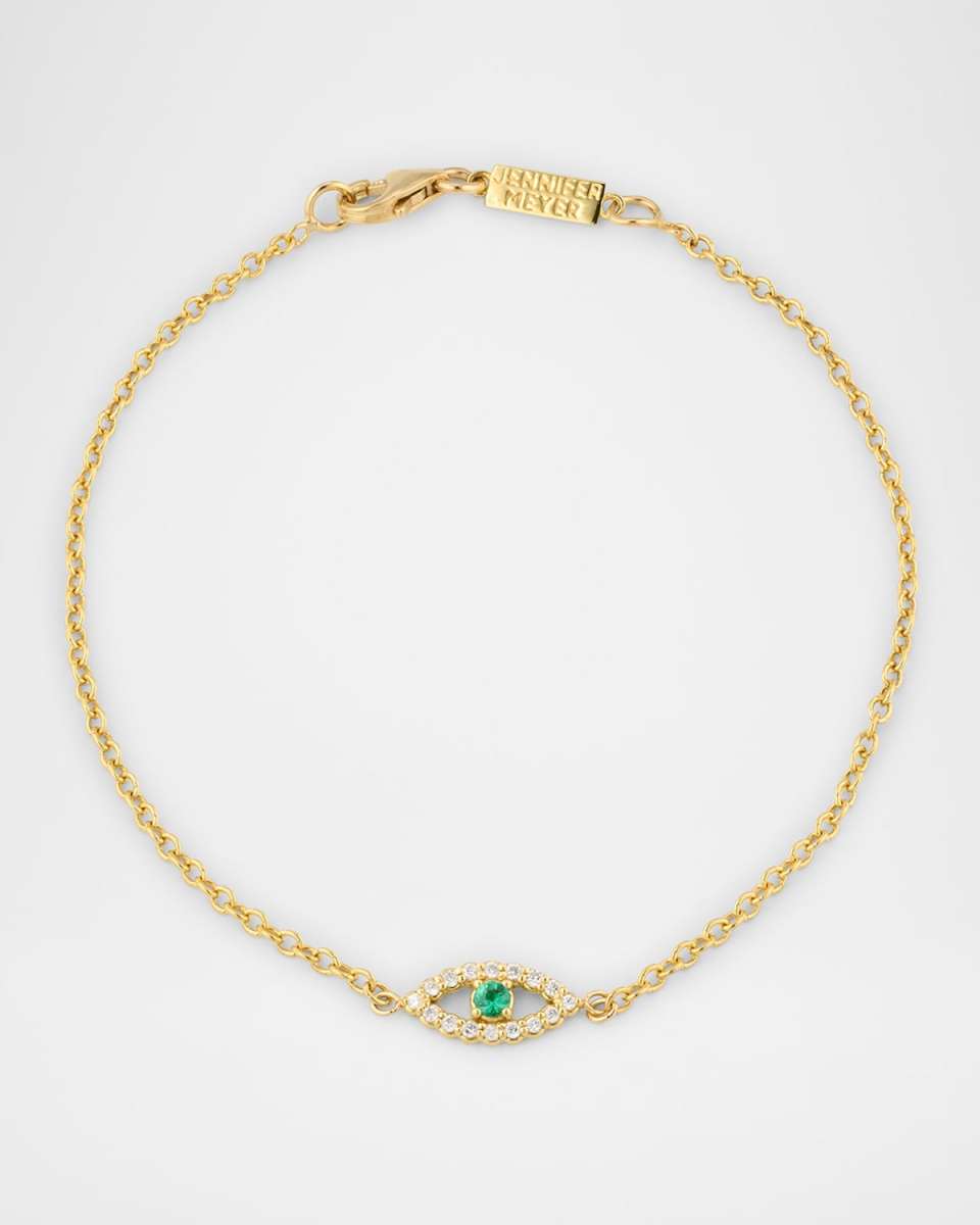 Mini Diamond Open Evil Eye Bracelet with Emerald Center